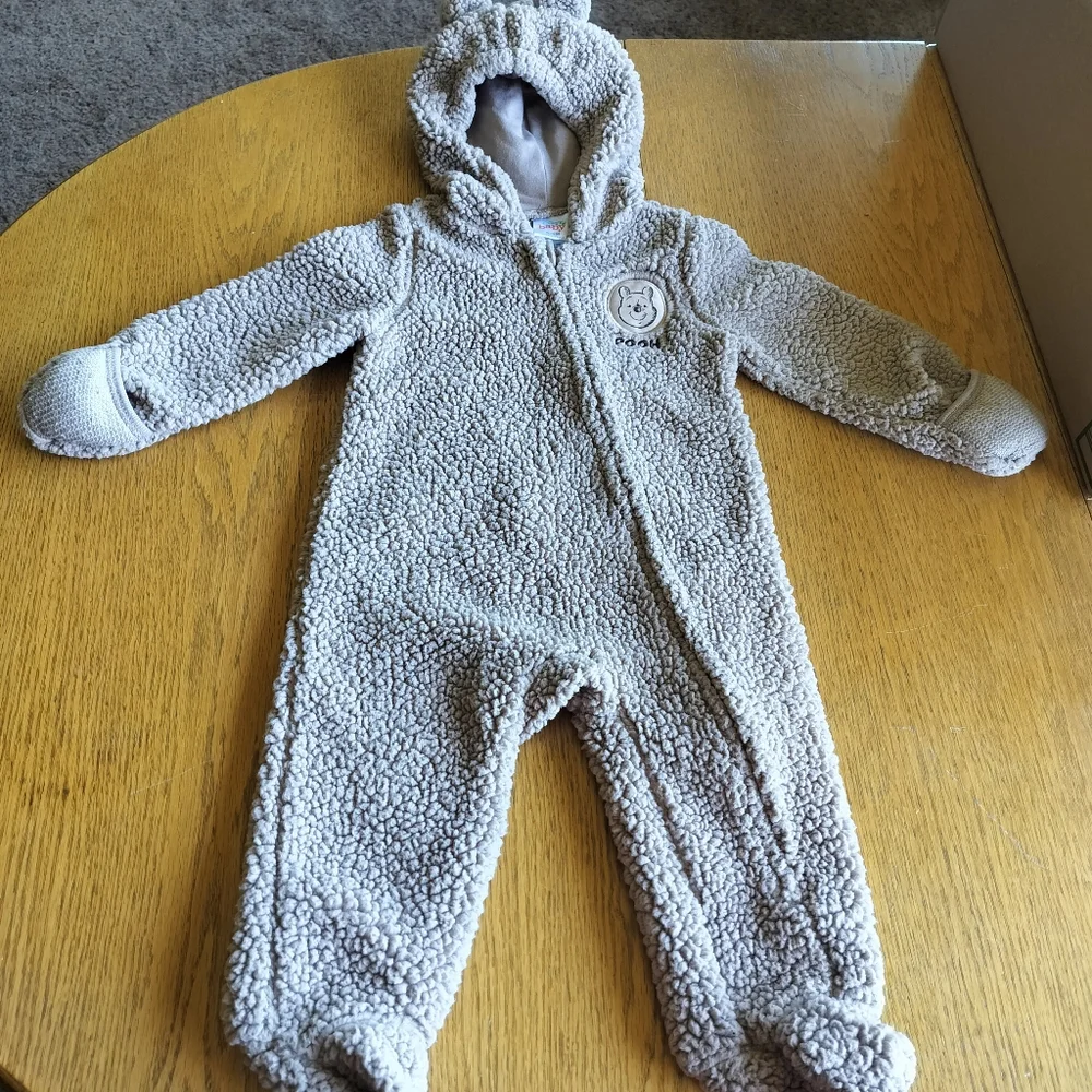 Disney Baby Pooh Brown Fuzzy Hooded Infant one piece  6-9 Months